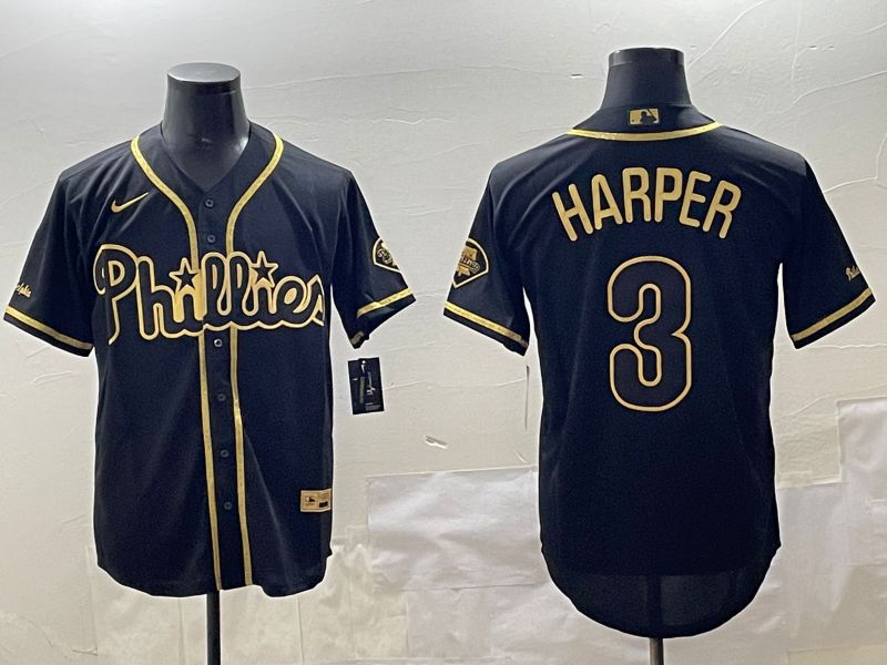 Men Philadelphia Phillies 3 Harper Black Gold Game 2025 Nike MLB Jersey style 1